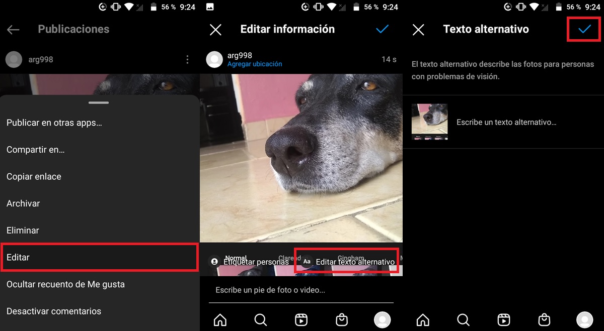 editar publicacion existente para poner texto alternativo instagram