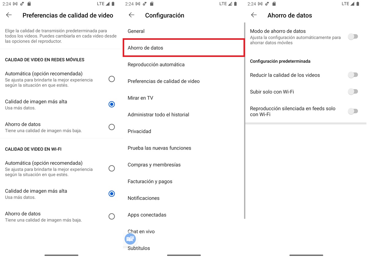 elegir preferencias de calidad de video de youtube app android y desactivar ahorro de datos