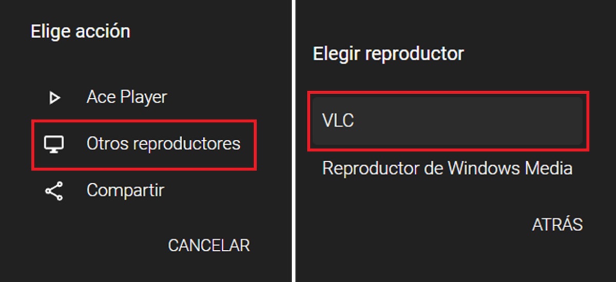 elegir reproductor vlc para reproducir enlace de ace stream desde pc