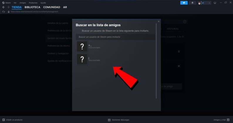 elige el amigo al que quieres invitar a tu grupo familiar de Steam