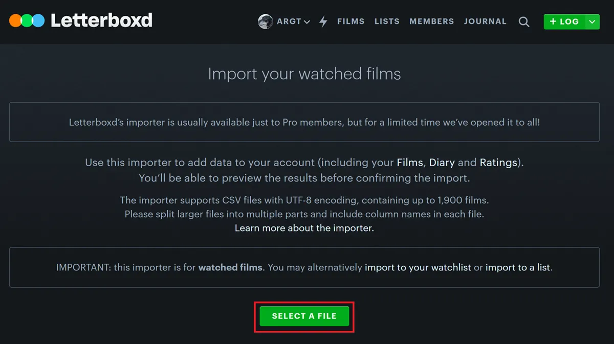 elige el archivo CVS a importar - exportar filmaffinity a letterboxd