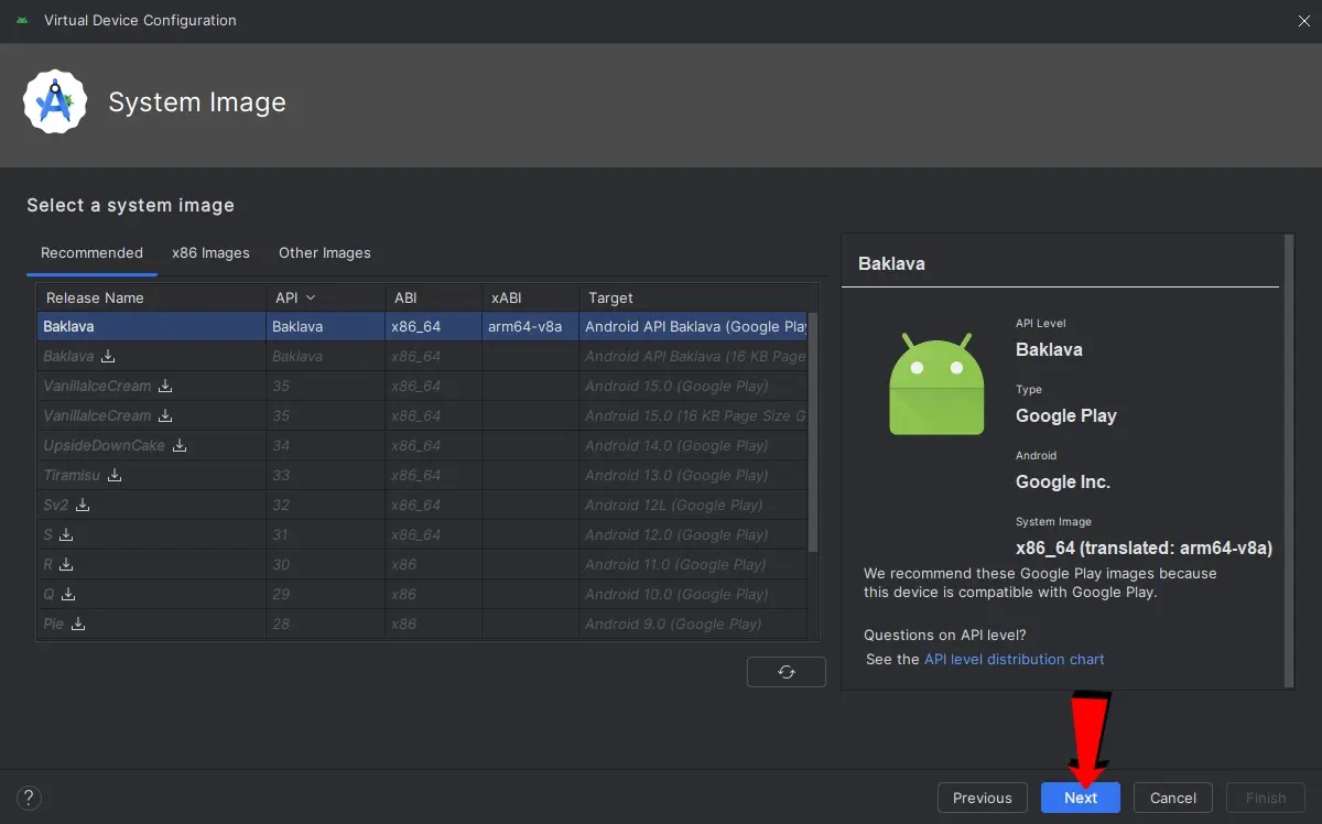 Elija La Imagen Baklava Android 16 Para Su Dispositivo Virtual Y Haga Clic En Siguiente