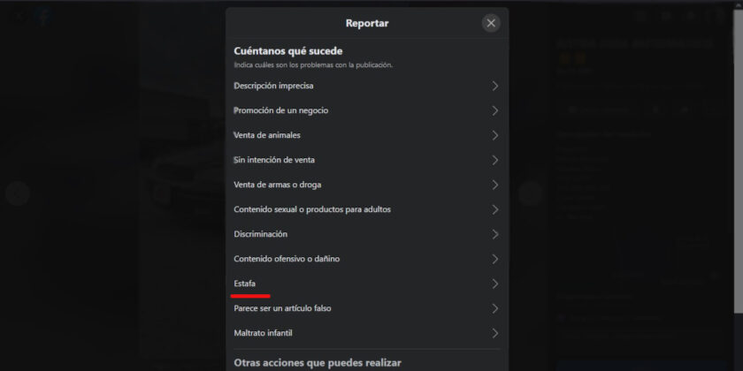 elige la opcion reportar por estafa