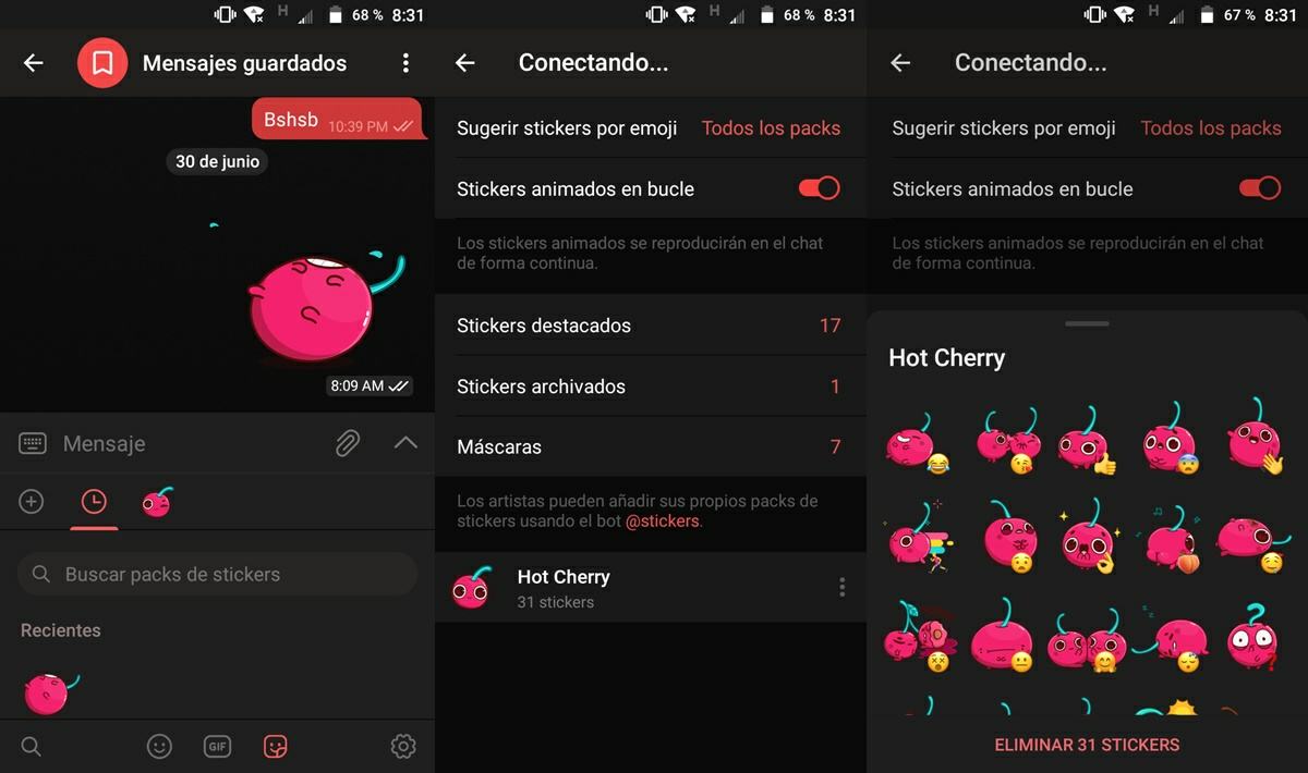 eliminando pack de stickers en telegram