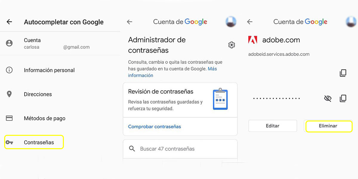 eliminar contrasenas almacenadas en un movil