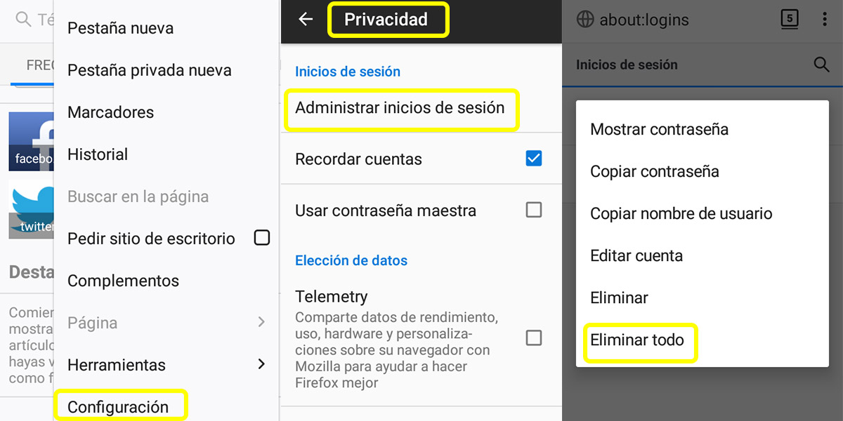 eliminar contrasenas desde mozilla firefox