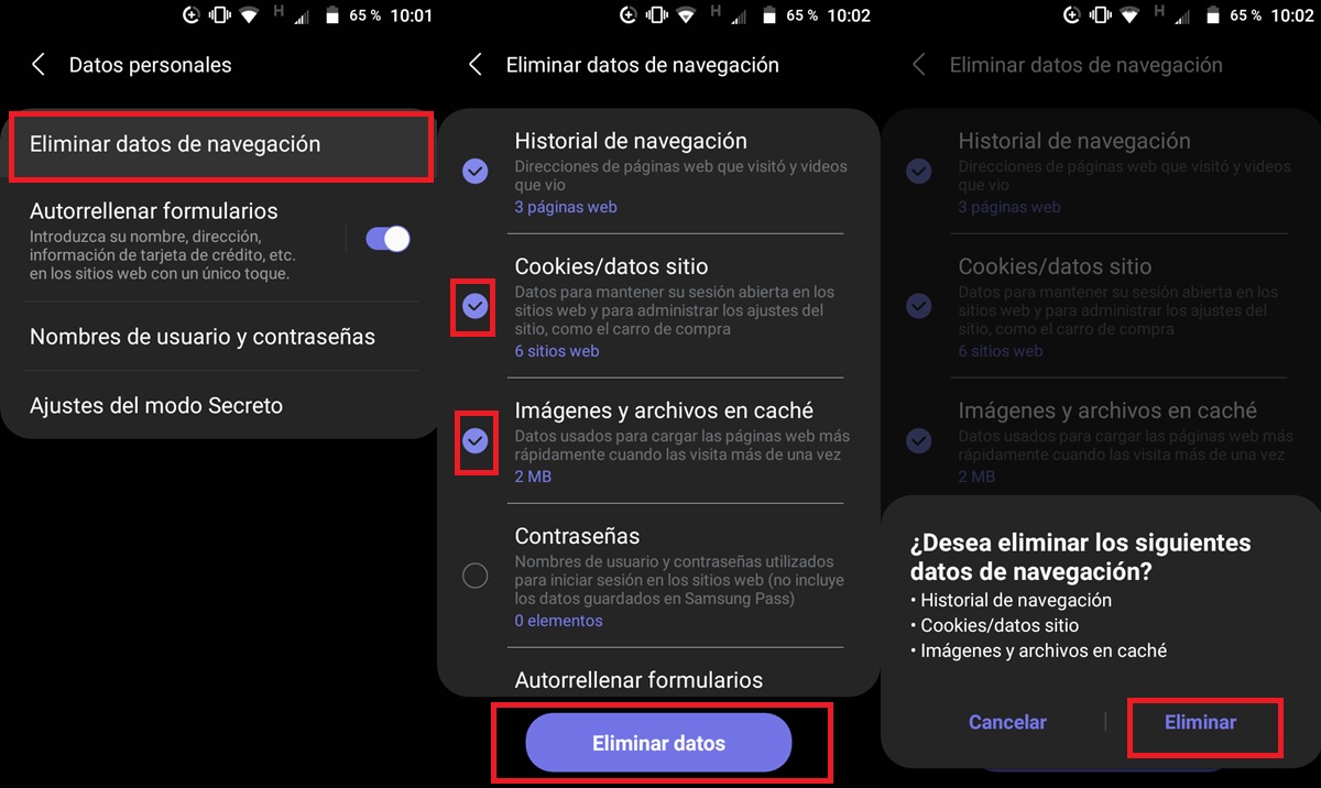 eliminar datos cookies cache en android internet samsung