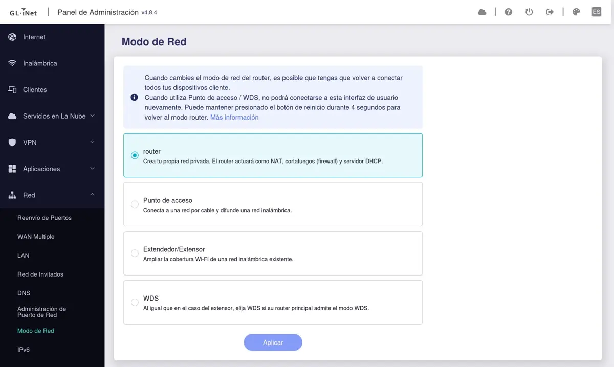 en el panel de administracion puedes elegir entre sus cuatro modos de red GL.iNet Flint 3e