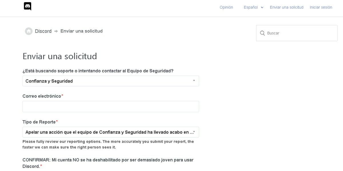 enviar una solicitud a discord para eliminar baneo o desbanear