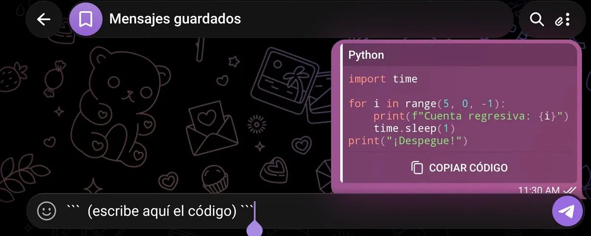 escribir codigo con formato en telegram
