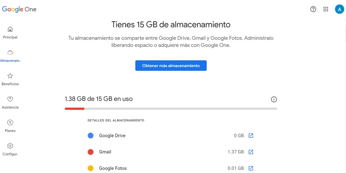 espacio de almacenamiento en cuenta de google