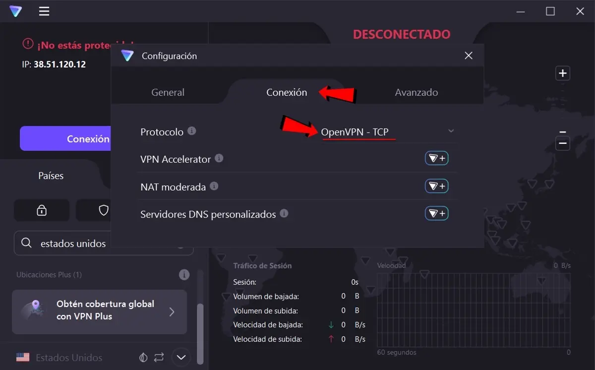 establece el protocolo OpenVPN TCP antes de conectar la VPN