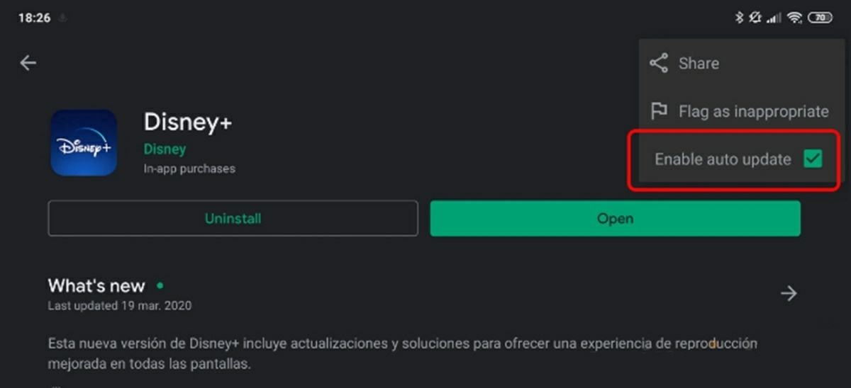 evitar que app disney + se actualice en android
