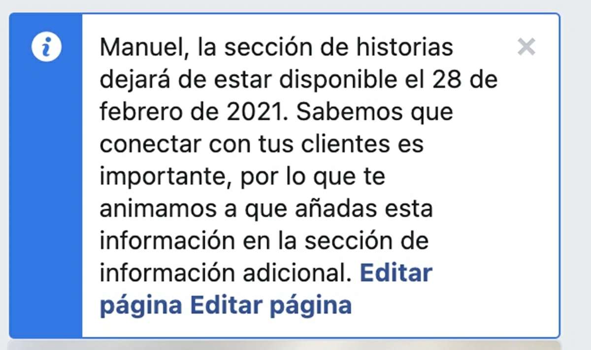 fanpages de facebook dejaran de tener la seccion de historias