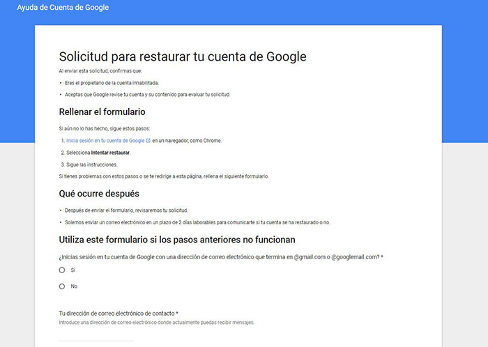 Formulario para recuperar cuenta de Google