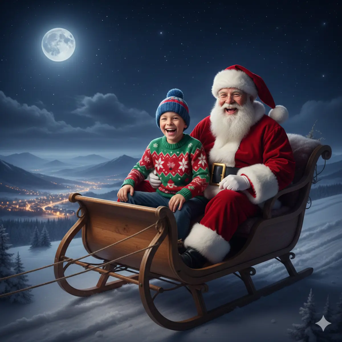 foto de nino con santa en trineo hecha con ia gemini
