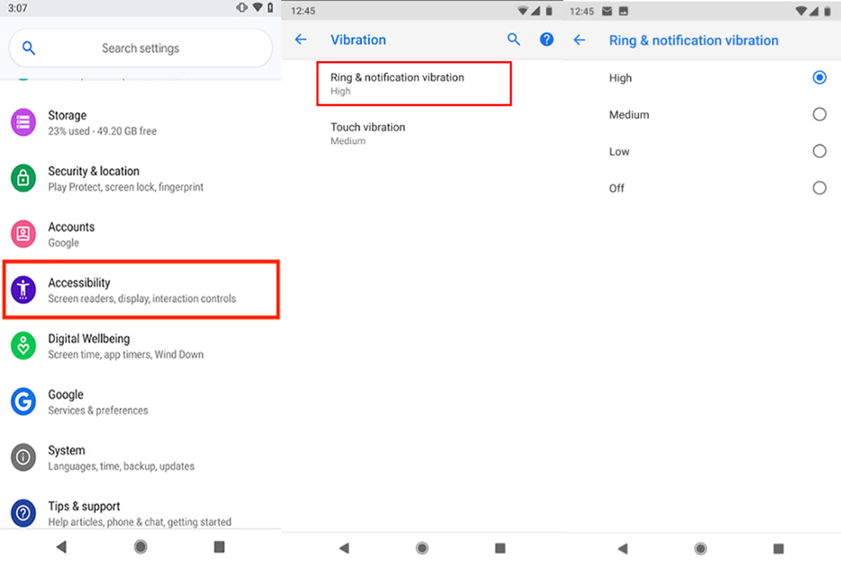 intensidad de vibracion android pie