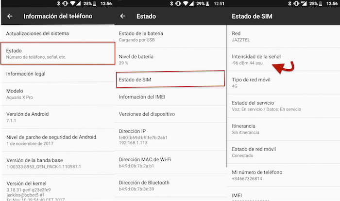 intensidad señal red android p