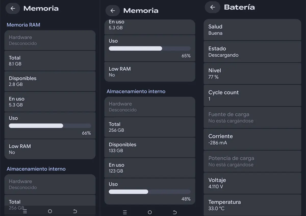 Menú de memoria del móvil en la app de Inware