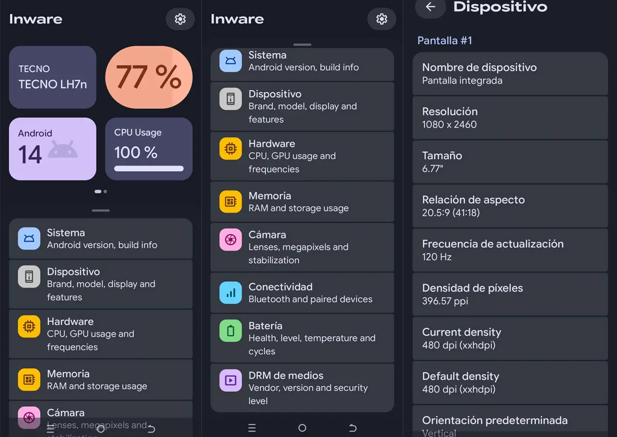 Menú principal de la app de Inware
