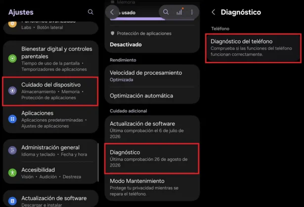 ir a diagnostico de samsung galaxy desde ajustes