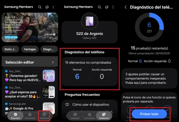 ir a diagnostico de samsung galaxy desde samsung members