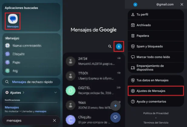 ir a los ajustes de mensajes de google