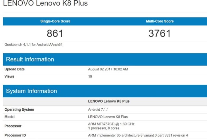 lenovo k8 plus caracteristicas