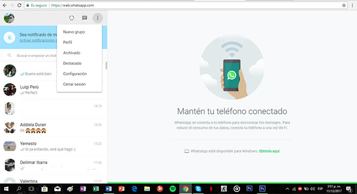 menu de la version web de whatsapp