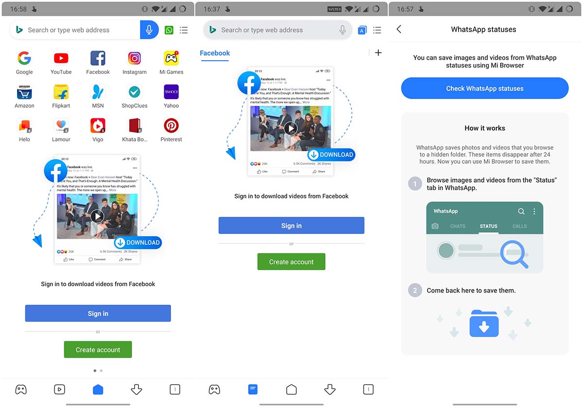 mi browser navegador de xioami descargar fotos videos y estados de whatsapp