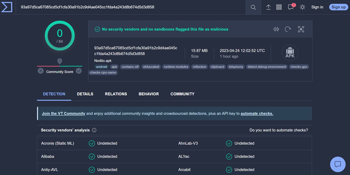 nodito analisis en virus total