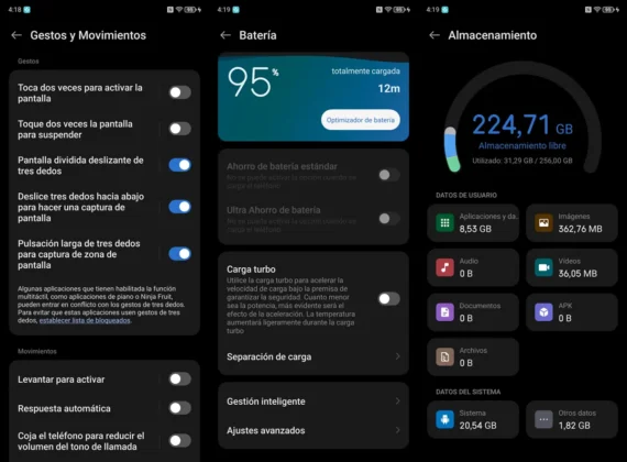 nubia Z70 Ultra gestos bateria y almacenamiento