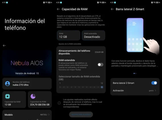 nubia Z70 Ultra nebula aios ram virtual y barra lateral