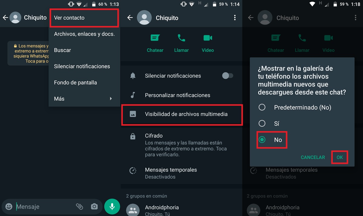 ocultar de los archivos multimedia de un chat especifico de whatsapp