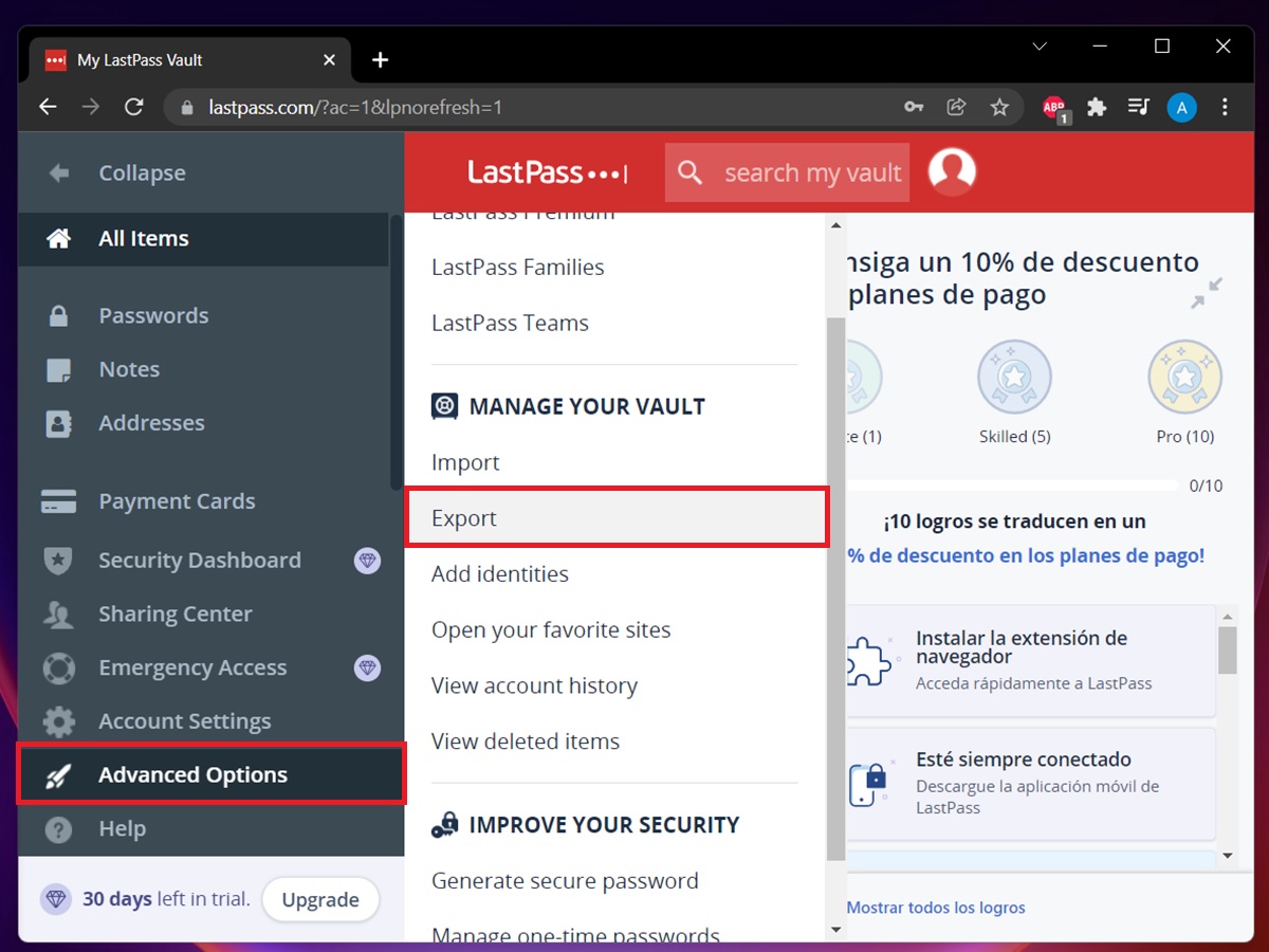 opciones avanzadas exportar lastpass