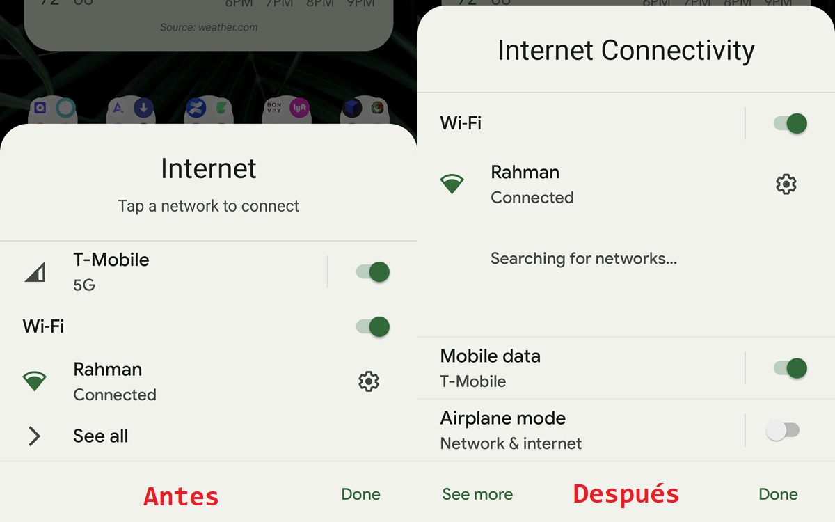 panel tras traer de vuelta los iconos de wifi datos moviles en android 12