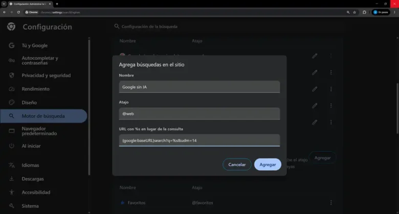 parametros del modo web de google en chrome para ordenador