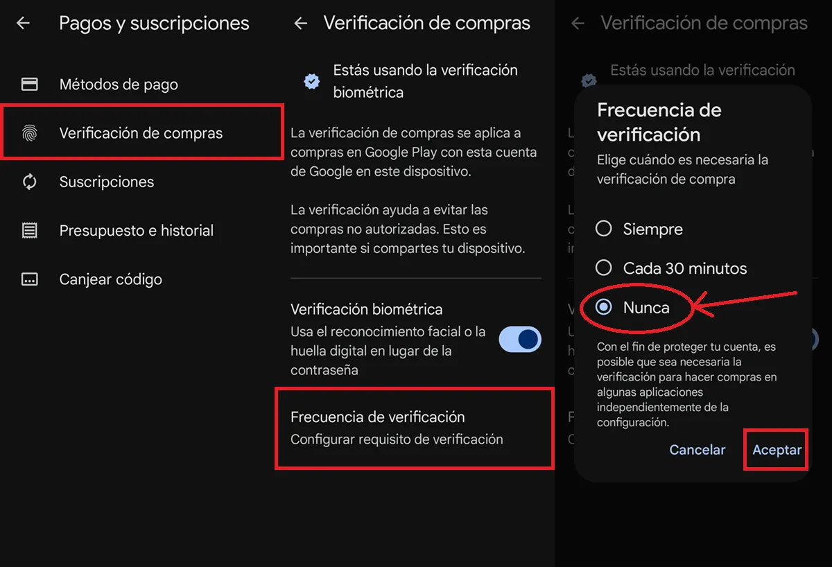 paso 2 para desactivar la verificacion de compras en Play Store