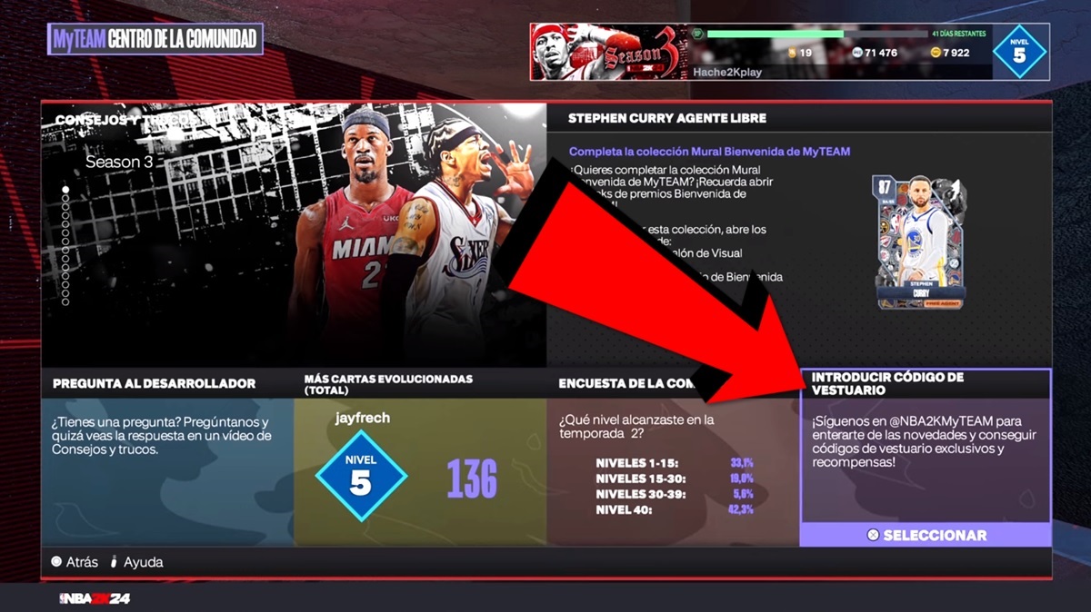 paso a paso para usar codigos de vestuario en NBA 2K24