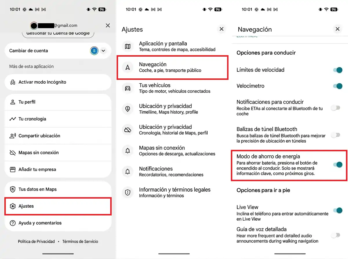pasos para activar Modo de ahorro de energia de Google Maps