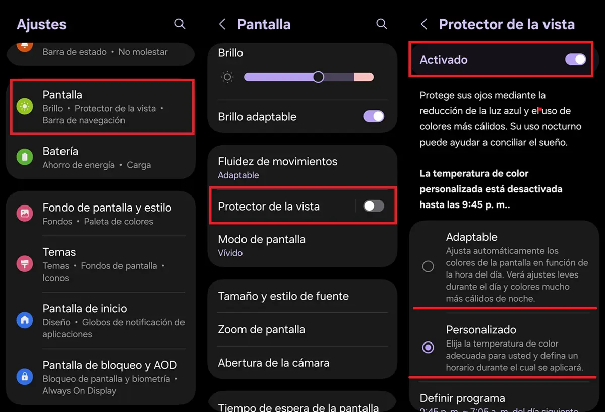 pasos para activar protector vista samsung
