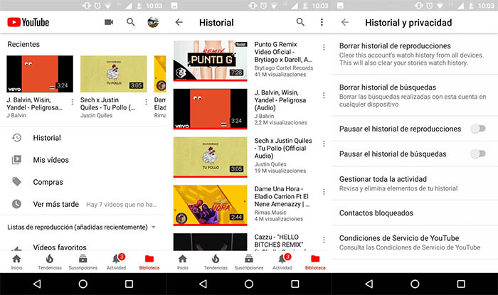 pasos para borrar el historial de busqueda de YouTube