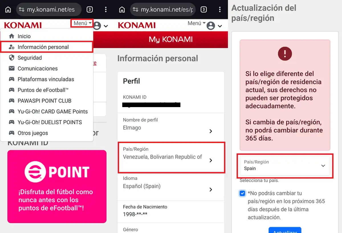 pasos para cambiar de region en eFootball