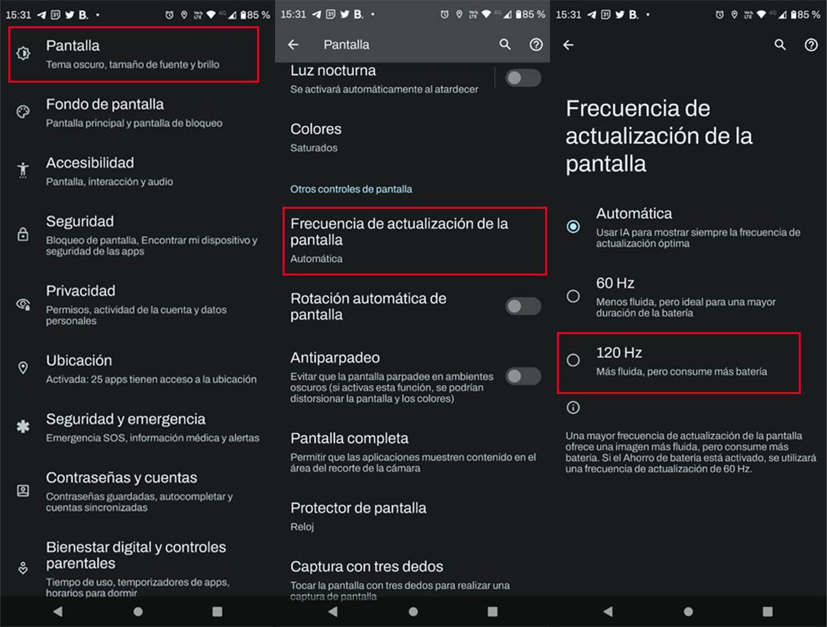 pasos para cambiar la frecuencia de actualizacion en android