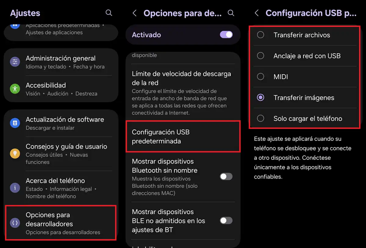pasos para cambiar modo de conexion USB predeterminado en Android