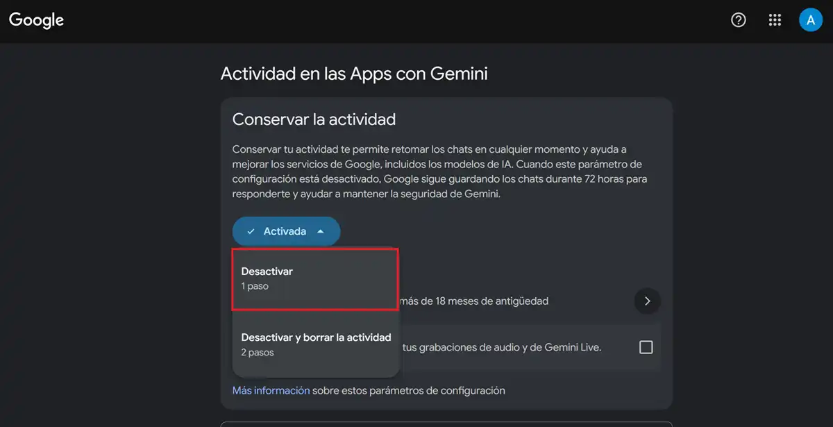 pasos para desactivar el rastreo de tu informacion personal en gemini