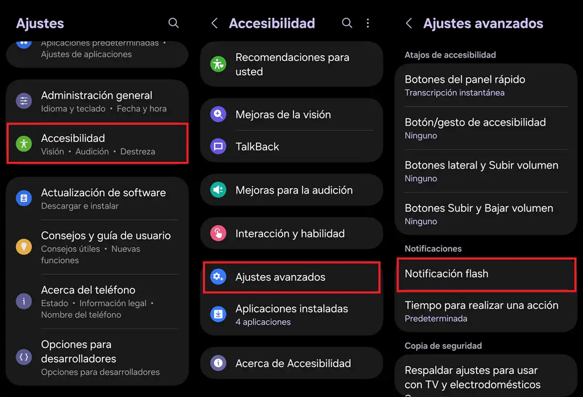 pasos para poner notificacion con flash en Samsung