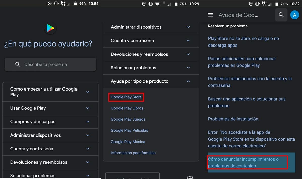 pasos para reportar una app inapropiada por la pagina de ayuda google play
