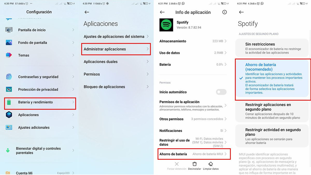 quitar restricciones de bateria Spotify