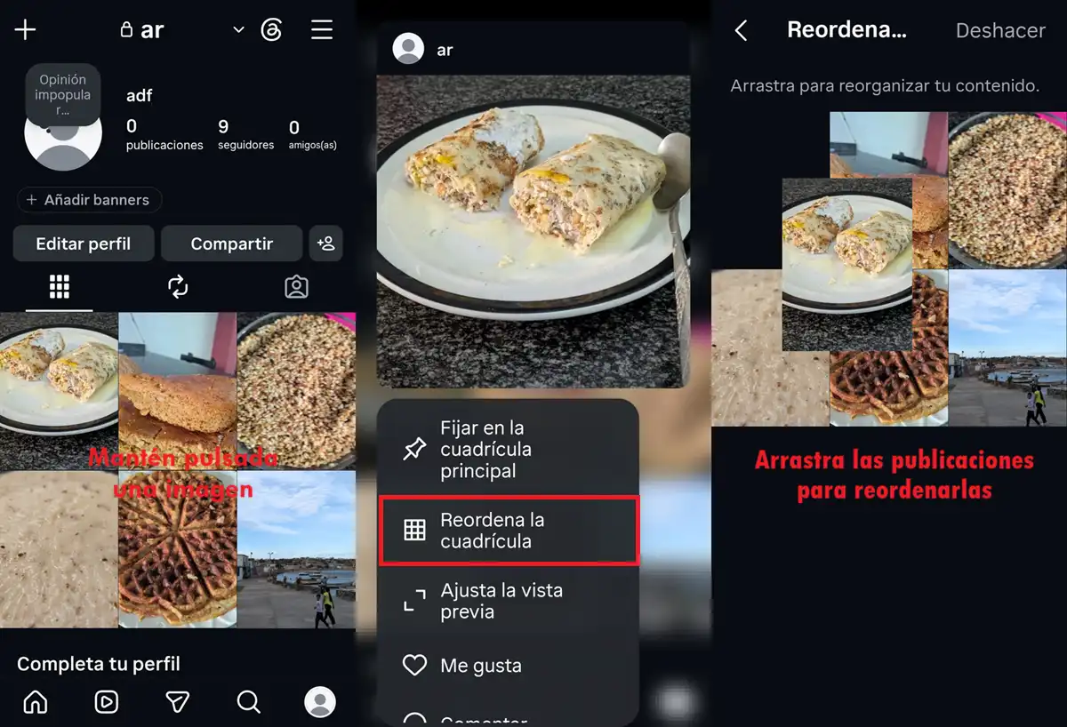 reordenar cuadricula en Instagram